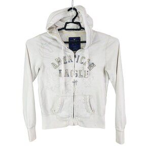 Womens American Eagle Fleece Hoodie Sweatshirt Ivory Full Zip Long Sleeve Size M